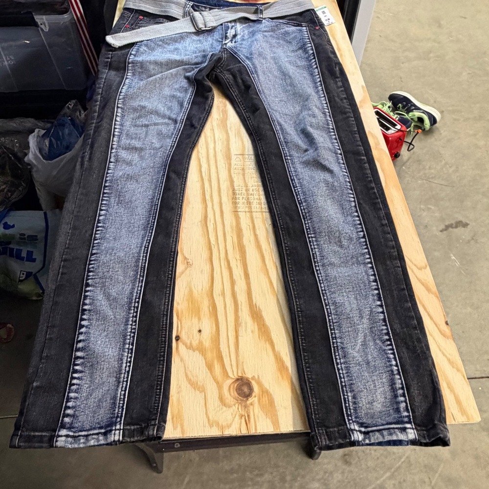 Two Tone Contrast Panel Slim Jeans Black Blue Acid Wash with Belt Size 38
